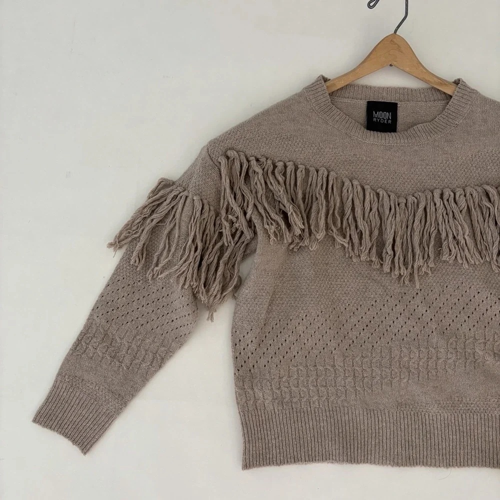 Knit Fringe Pullover Women Sweater S/M Beige Boho Festival Tassel Western Cowgir